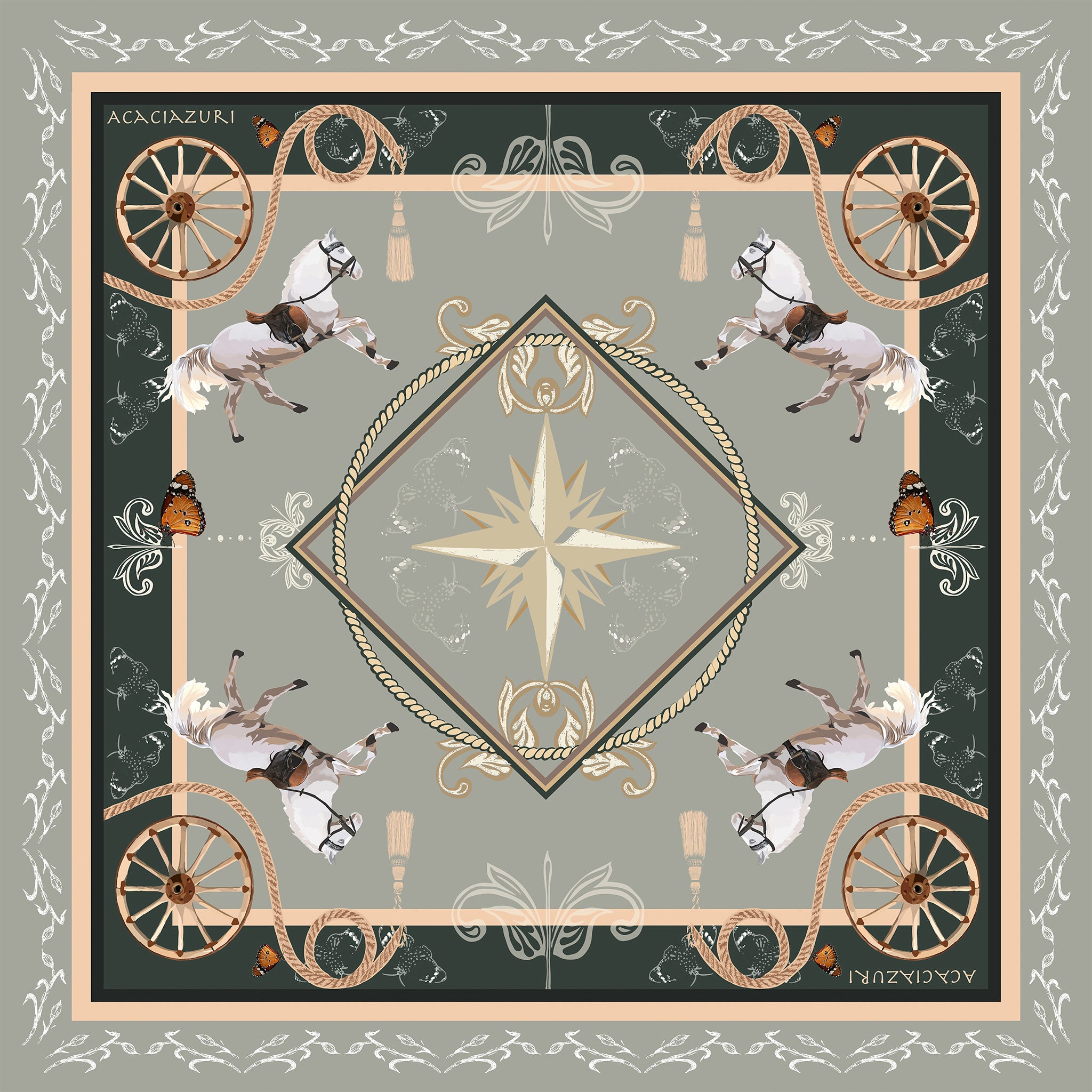 Hand illustrated green scarf with equestrian design